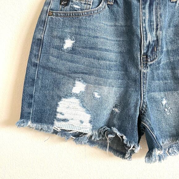 Kancan Medium Wash Denim High Rise Distressed Cut Off Shorts Women's Small NWT - Picture 3 of 8